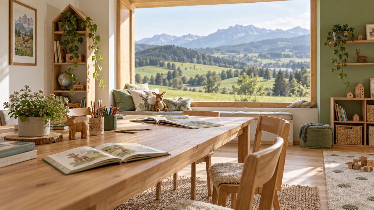 Heller Lernraum mit Holztisch, Bilderbüchern und Blick auf die Allgäuer Berge – Symbolbild